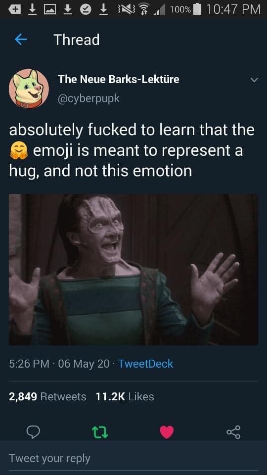 This meme is a screenshot of a Twitter post that reads "absolutely f**ked to learn that the emoji is meant to represent a hug, and not this emotion". The image is a still from the movie "Star Trek: The Next Generation" featuring the character Data, who is known for his awkwardness and lack of understanding of human emotions.